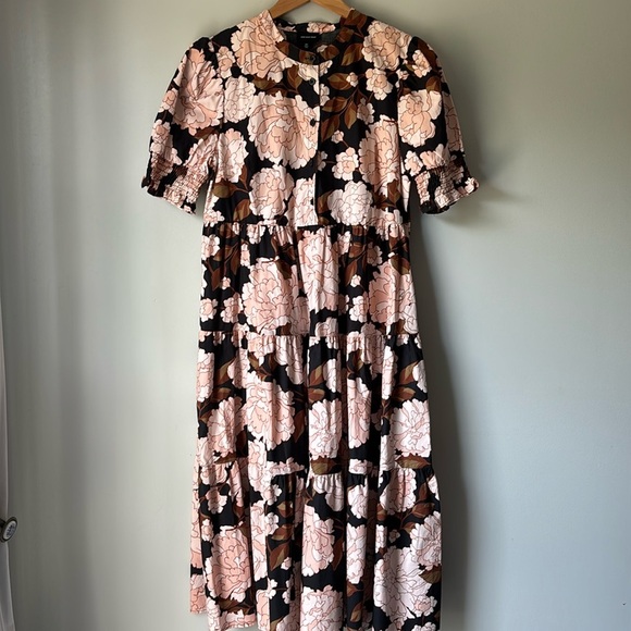 NWT‼️WHO WHAT WHERE Floral Tiered Midi Shirt Dress Short Sleeves Peony size M - Picture 1 of 10